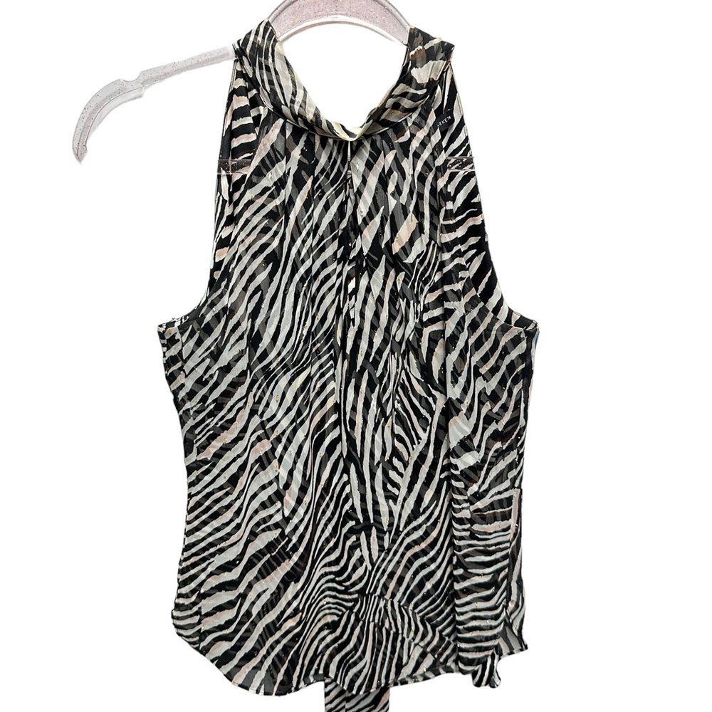 WHBM Zebra Chiffon Satin Pleated Mock Neck Layered Blouse